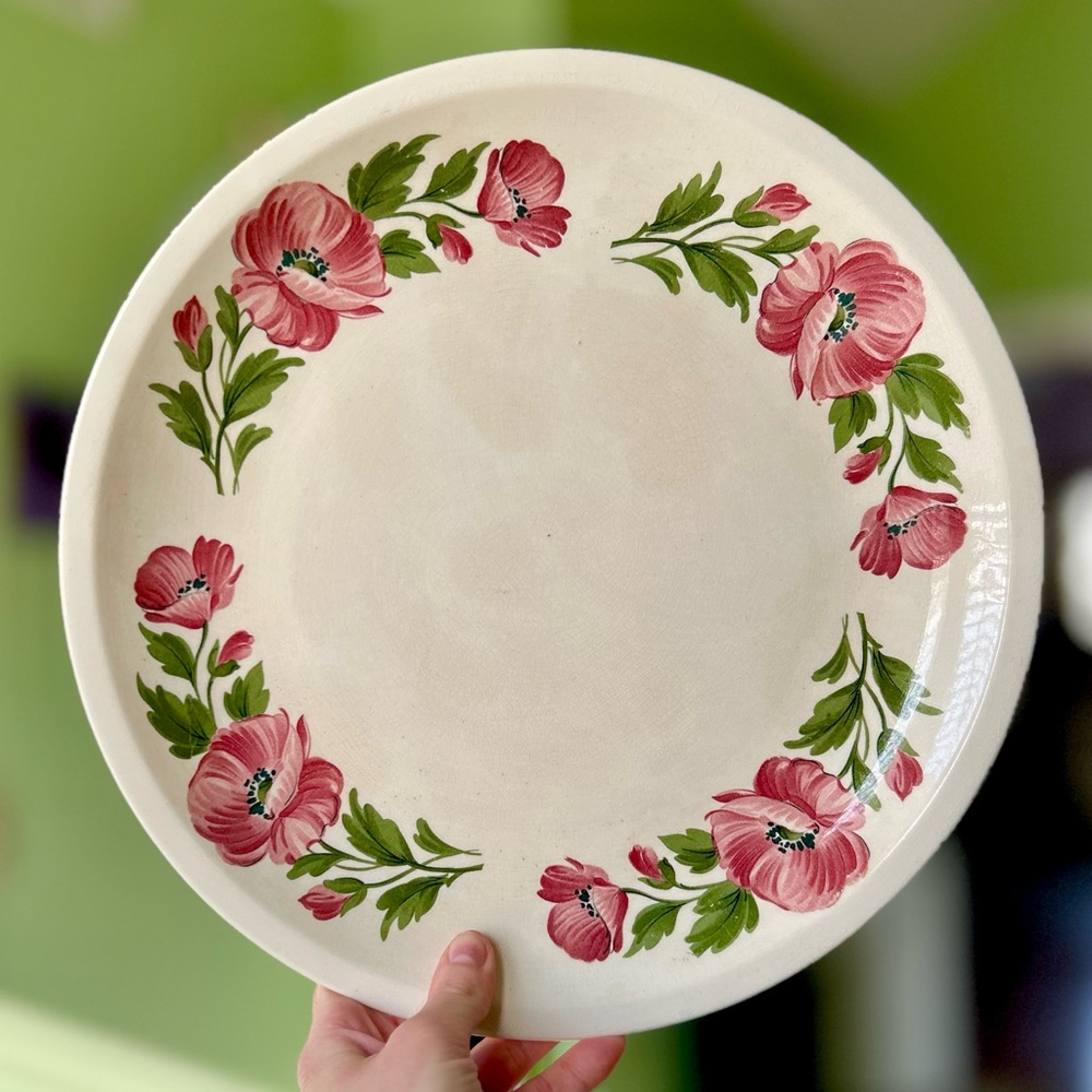 VTG Hand Painted Glazed Floral Large Round Cottagecore Dainty Platter Dish